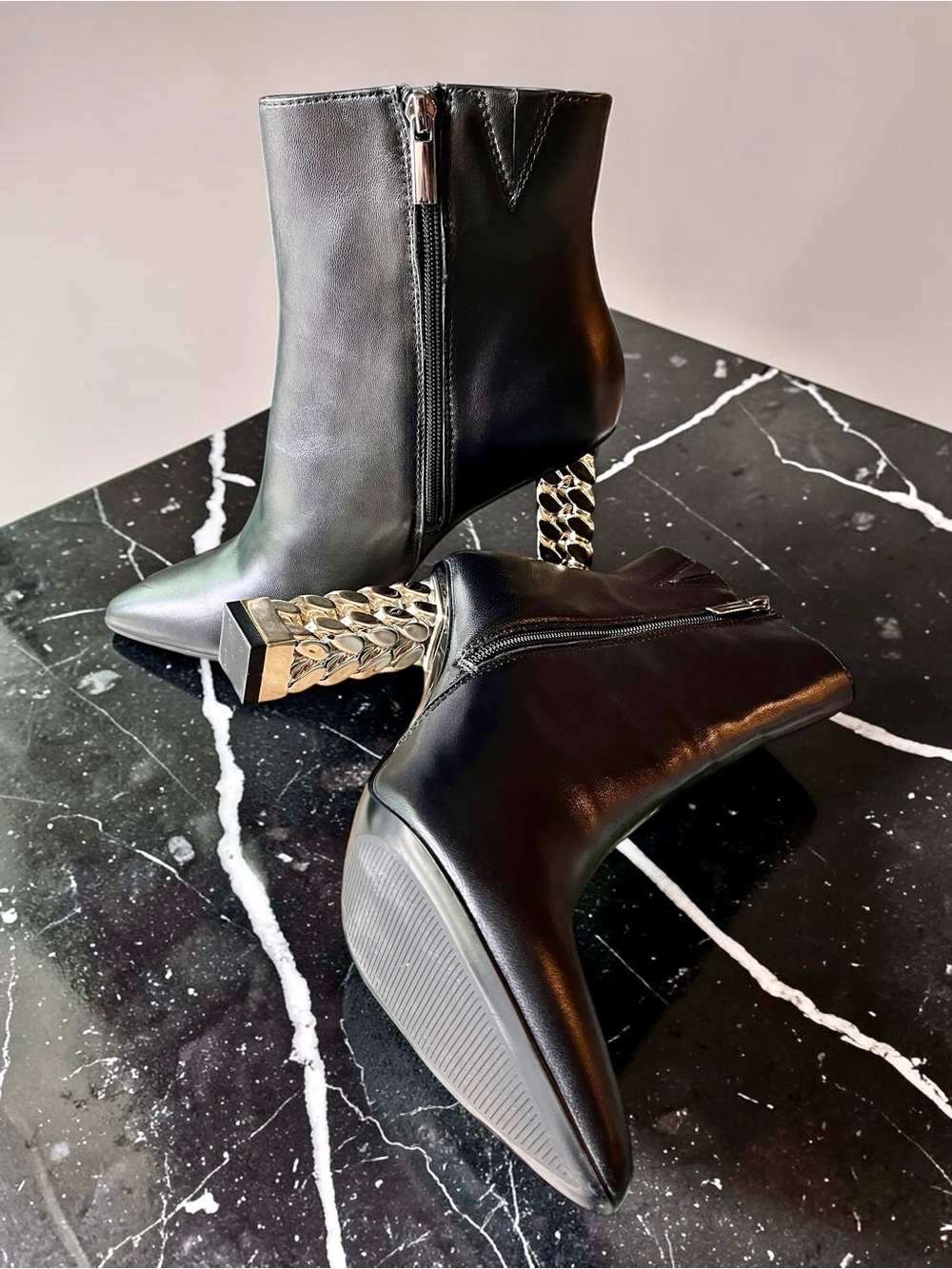 White House Black Market Kelsea Chain High Heel Bootie Black Leather  Size 9.5M